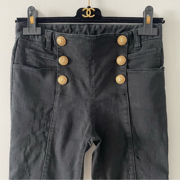 Balmain black skinny moto jeans size FR 36 US 4 6 gold buttons 6 pockets zippers - Picture 2 of 3